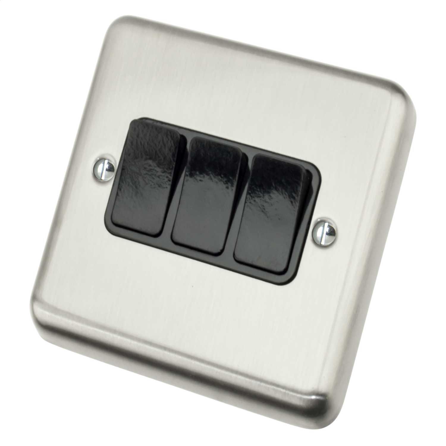 Deta 10A 3 Gang 2 Way Light Switch Metal / Black Insert Satin Chrome