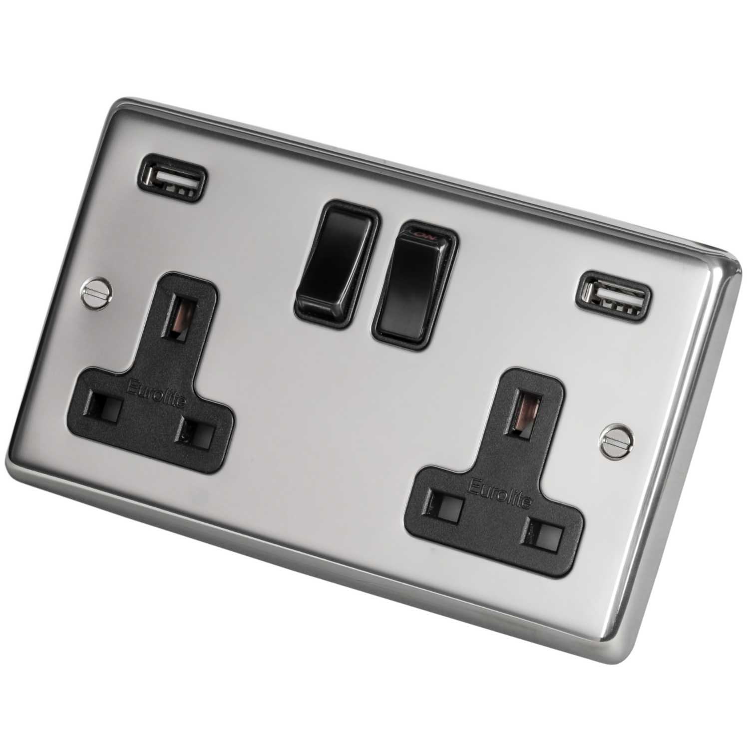 Eurolite 13A 2 Gang Switched Socket With Twin USB Black Insert Polished ...