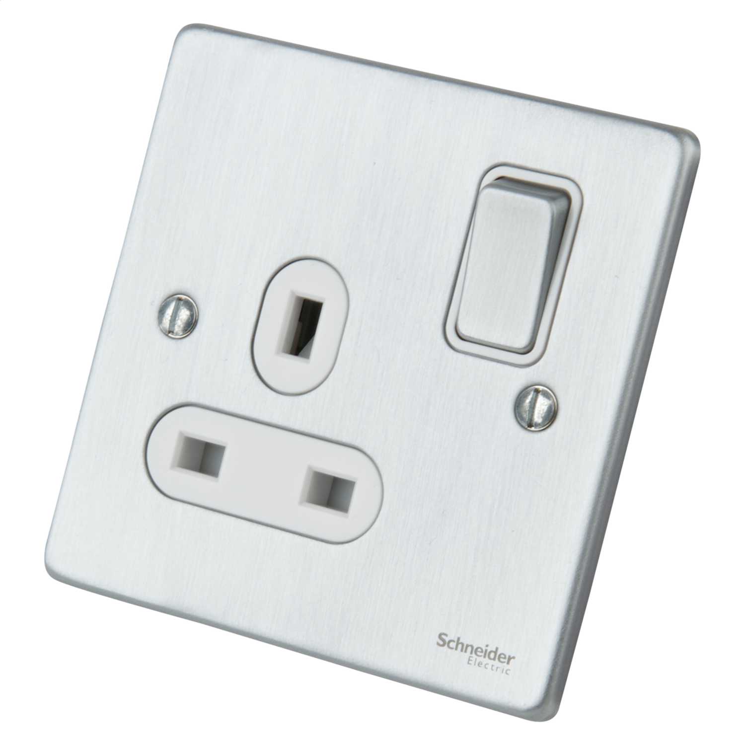 Schneider GET Ultimate 13A 1 Gang Switched Socket White Insert Brushed