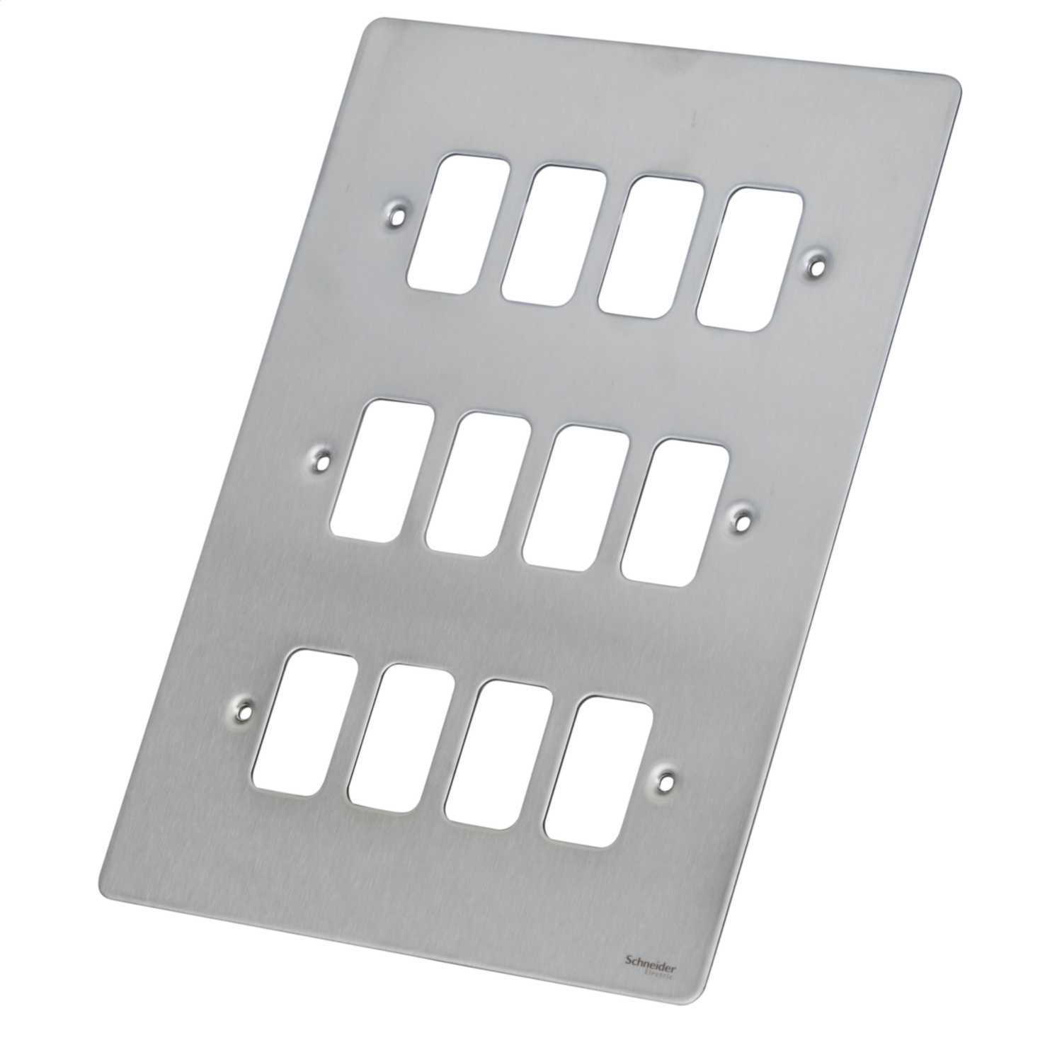 Schneider GET Ultimate Flat Plate 12 Gang Grid Front Plate Stainless