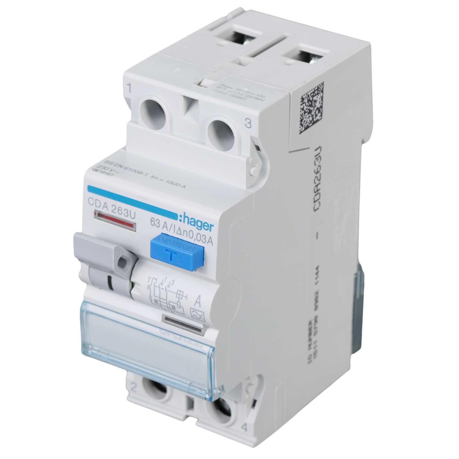 Hager 63A 2 Pole 30mA Type A RCD (CDA263U) | CEF