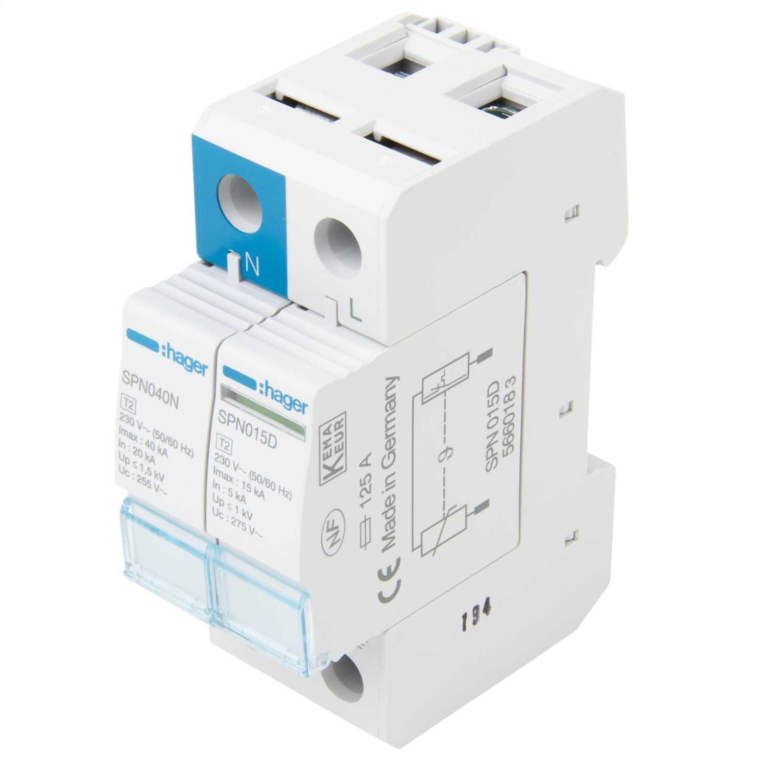 Hager 15kA 2 Module Single Pole and Neutral Type 2 Surge Protector