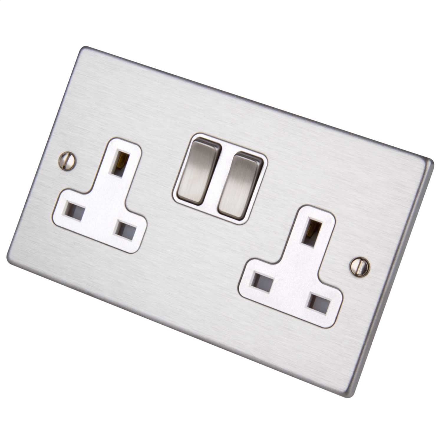 Hamilton 13A DP 2 Gang Switched Socket White Insert Satin Steel