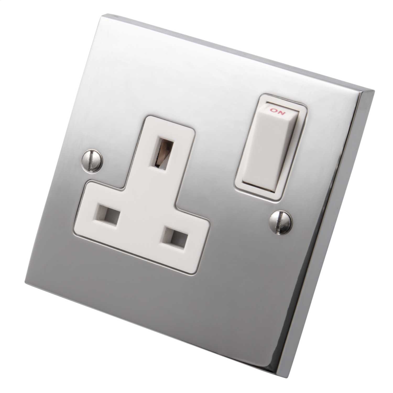 Heritage 13A 1 Gang Single Switched Socket White Insert Polished Chrome