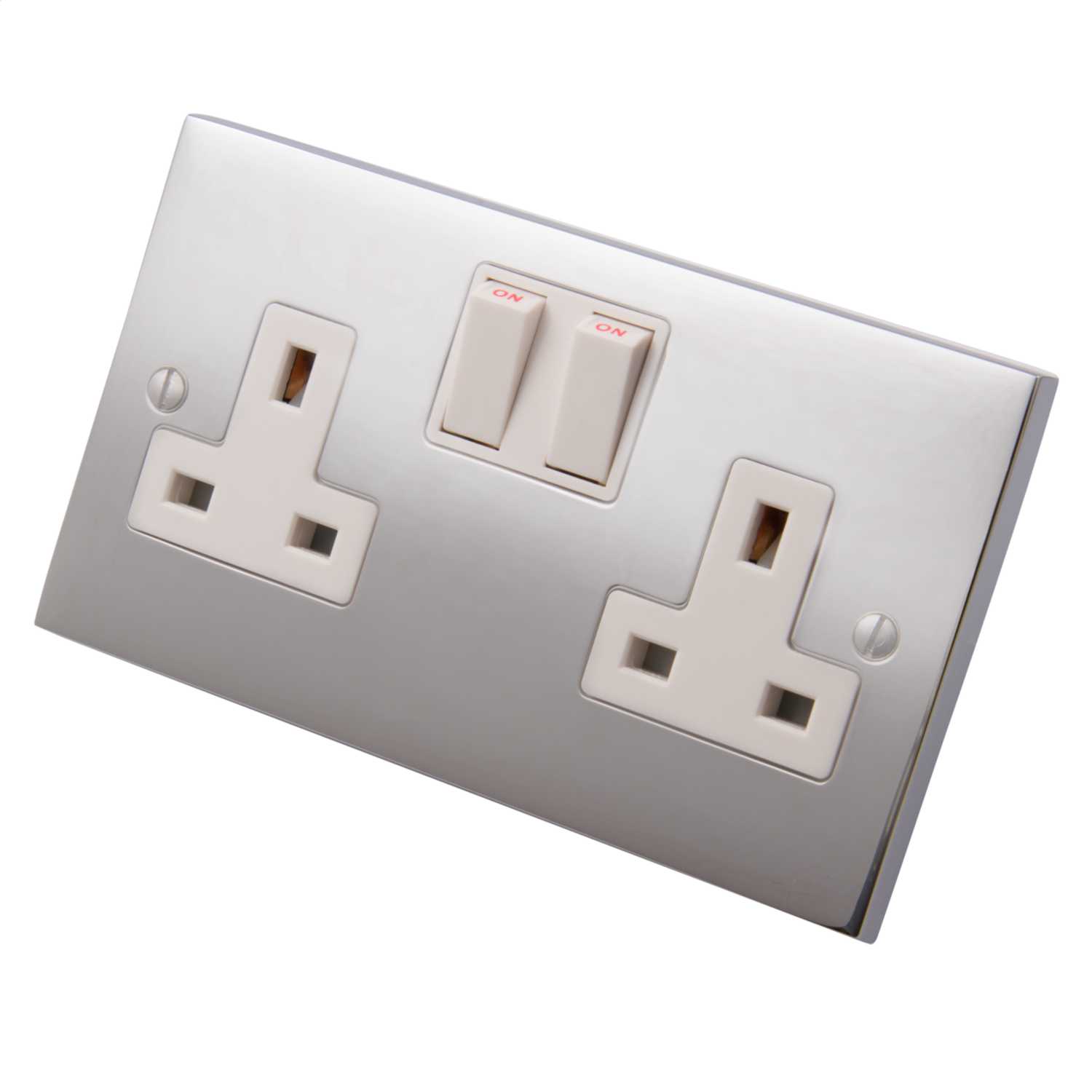 Heritage 13a 2 Gang Double Switched Socket White Insert Polished Chrome Cr950w Cef