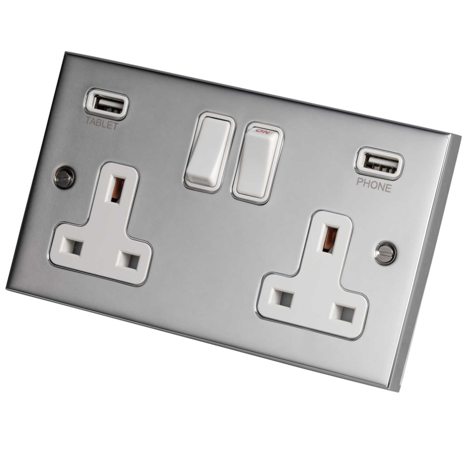 Heritage 13A 2 Gang Switched Socket with Twin USB Outlets White Insert Polished Chrome (CR750W