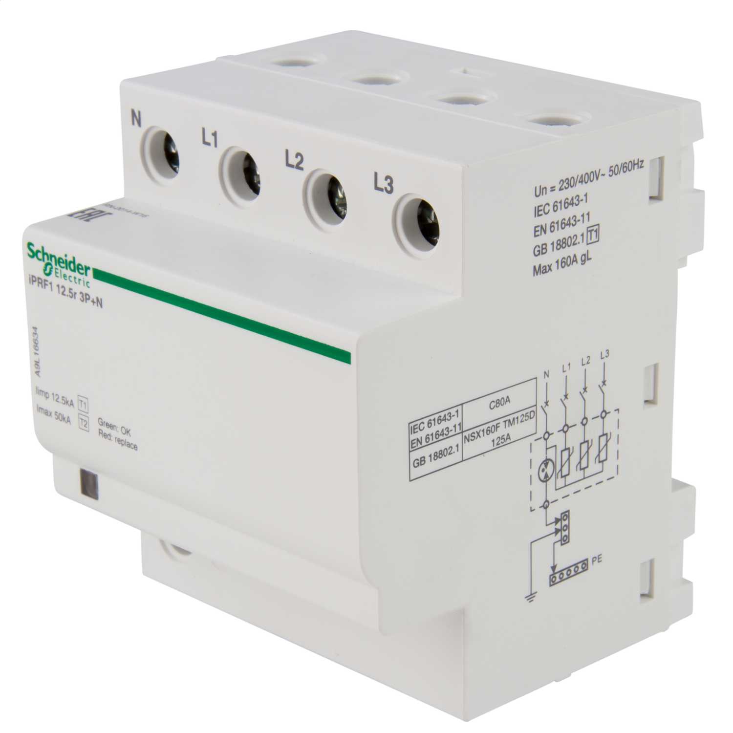 Schneider Acti9 16kA 4 Module 3 Pole and Neutral Type 1+2 Surge Protector with Remote Transfer