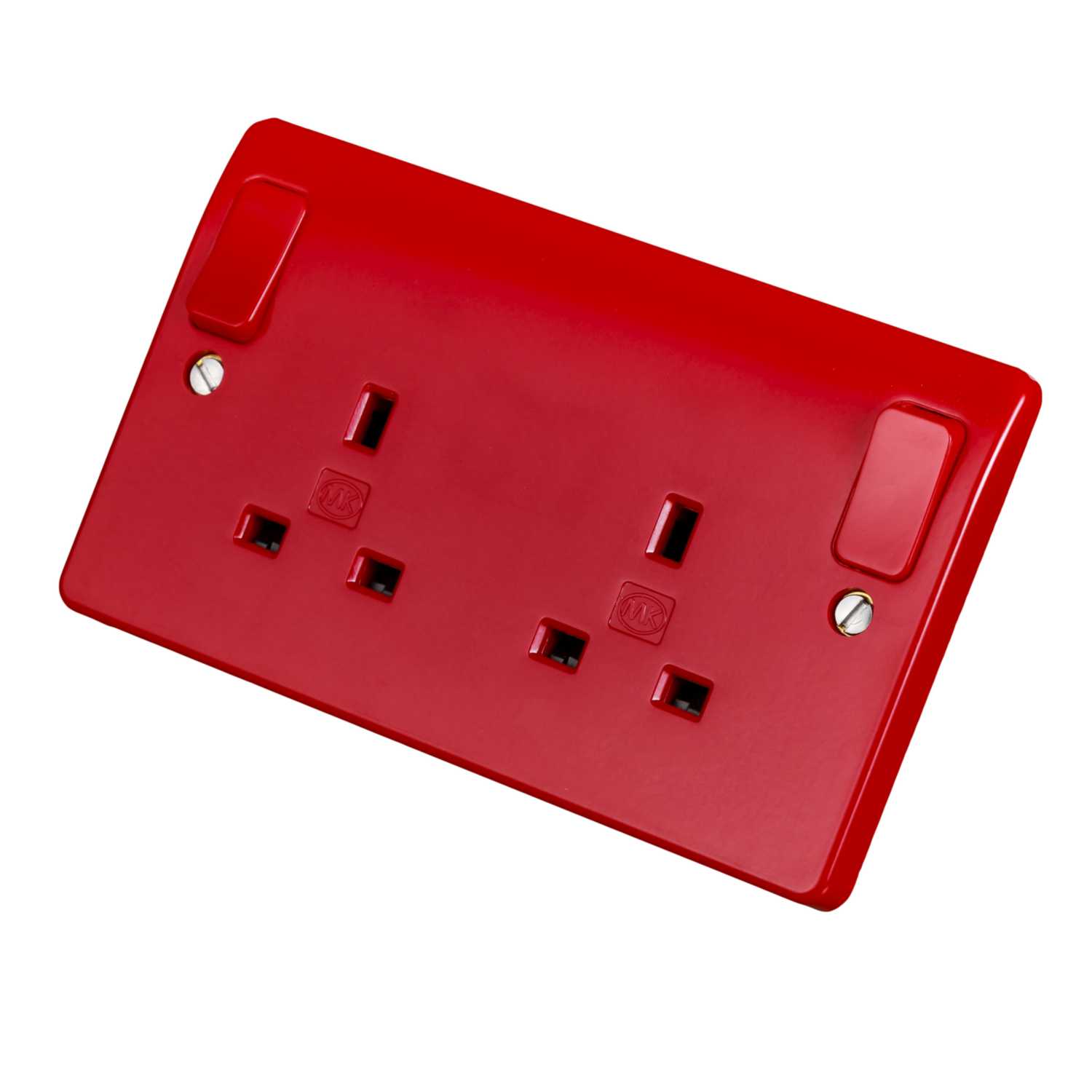 MK Logic Plus 13A DP 2 Gang Switched Socket with Outboard Rockers Red ...