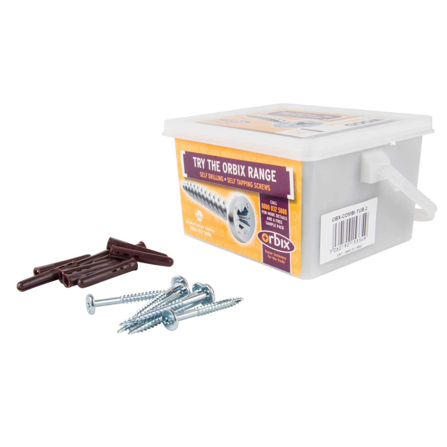 Orbix Trade Tub Brown Rawl Plugs and 4.8 x 50mm Screws (Tub of 150