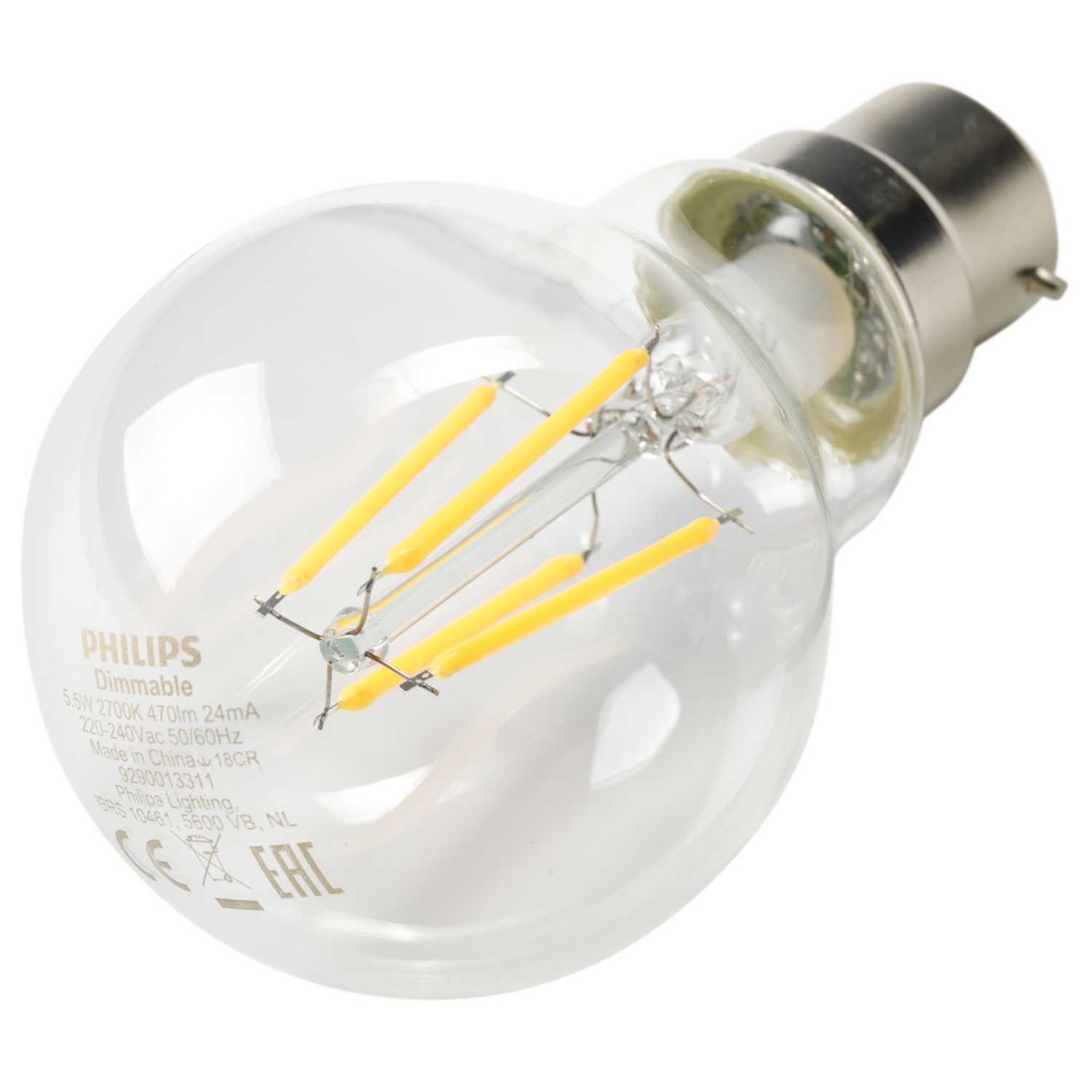 Philips Signify Classic 5.5W BC LED Dimmable Filament GLS Lamp Clear