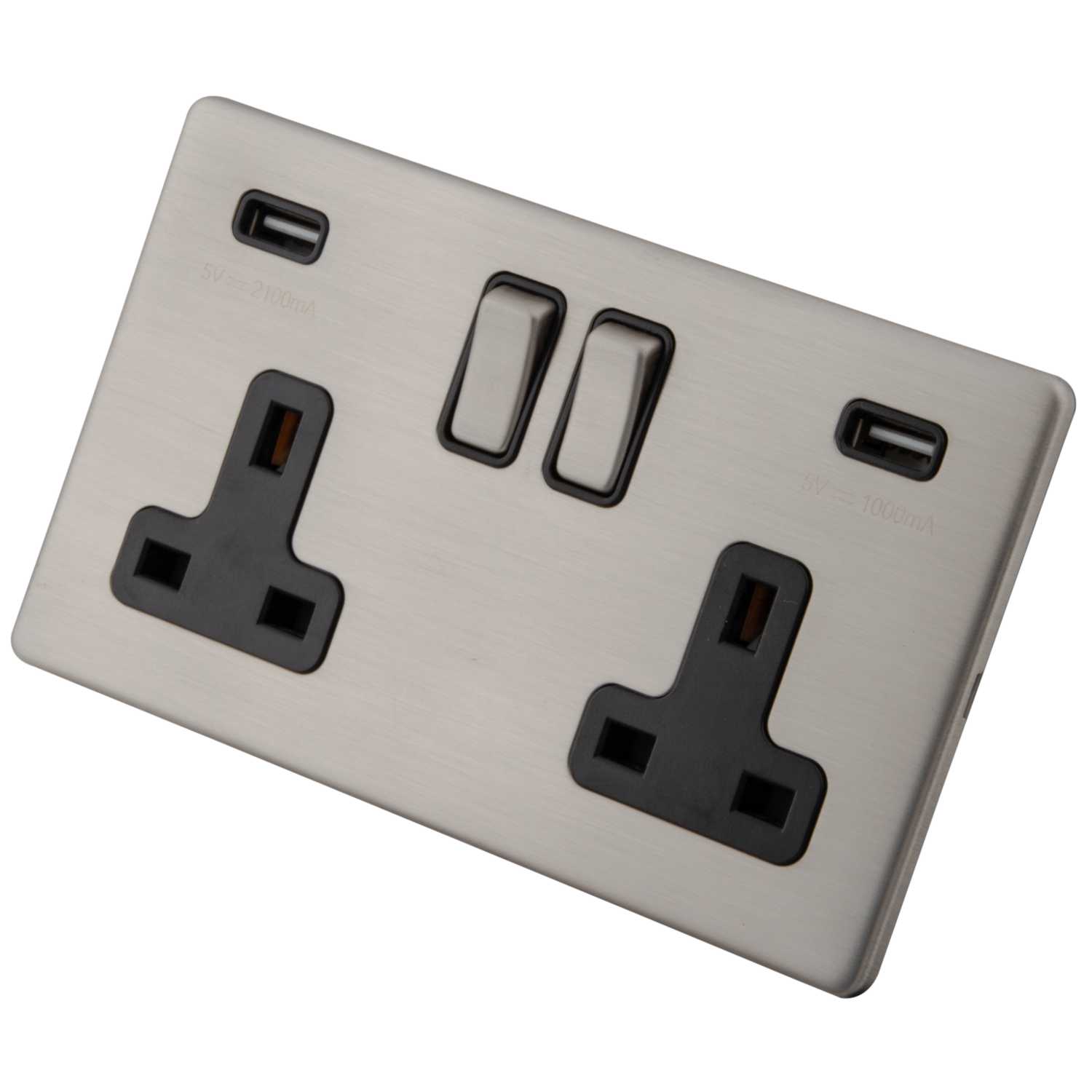 M2 13a 2 Gang Switched Socket With Twin Usb Black Insert Brushed