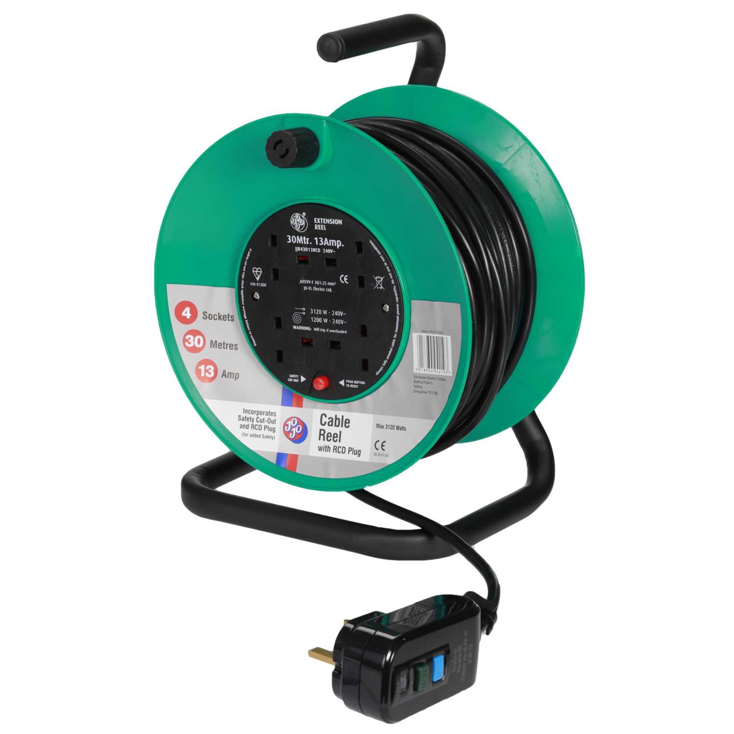 Schneider Thorsman 13a 30m 230v 4 Gang Cable Reel With Rcd Plug Jjr43013rcd Cef 7894