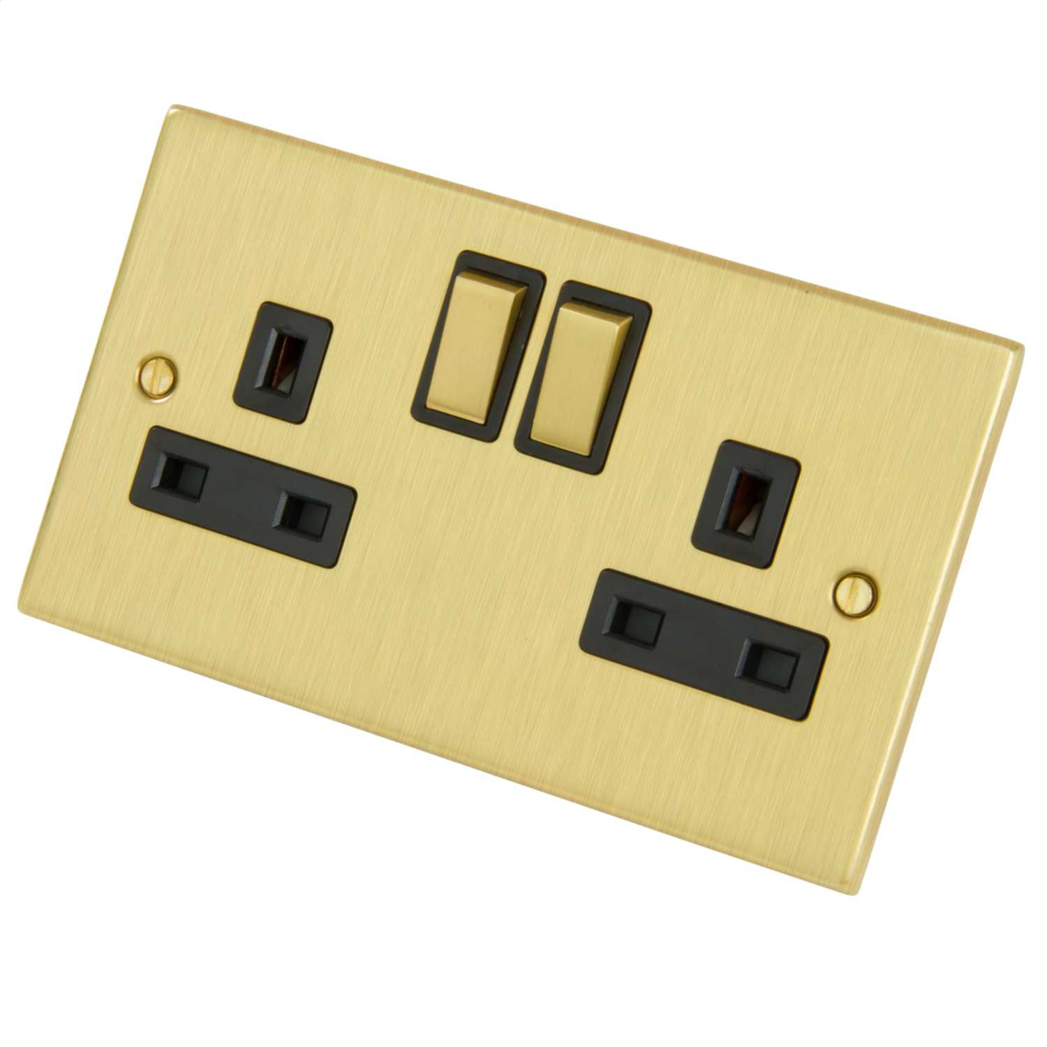 LGA Selectric 13A DP 2 Gang Switched Socket Black Insert Satin Brass ...