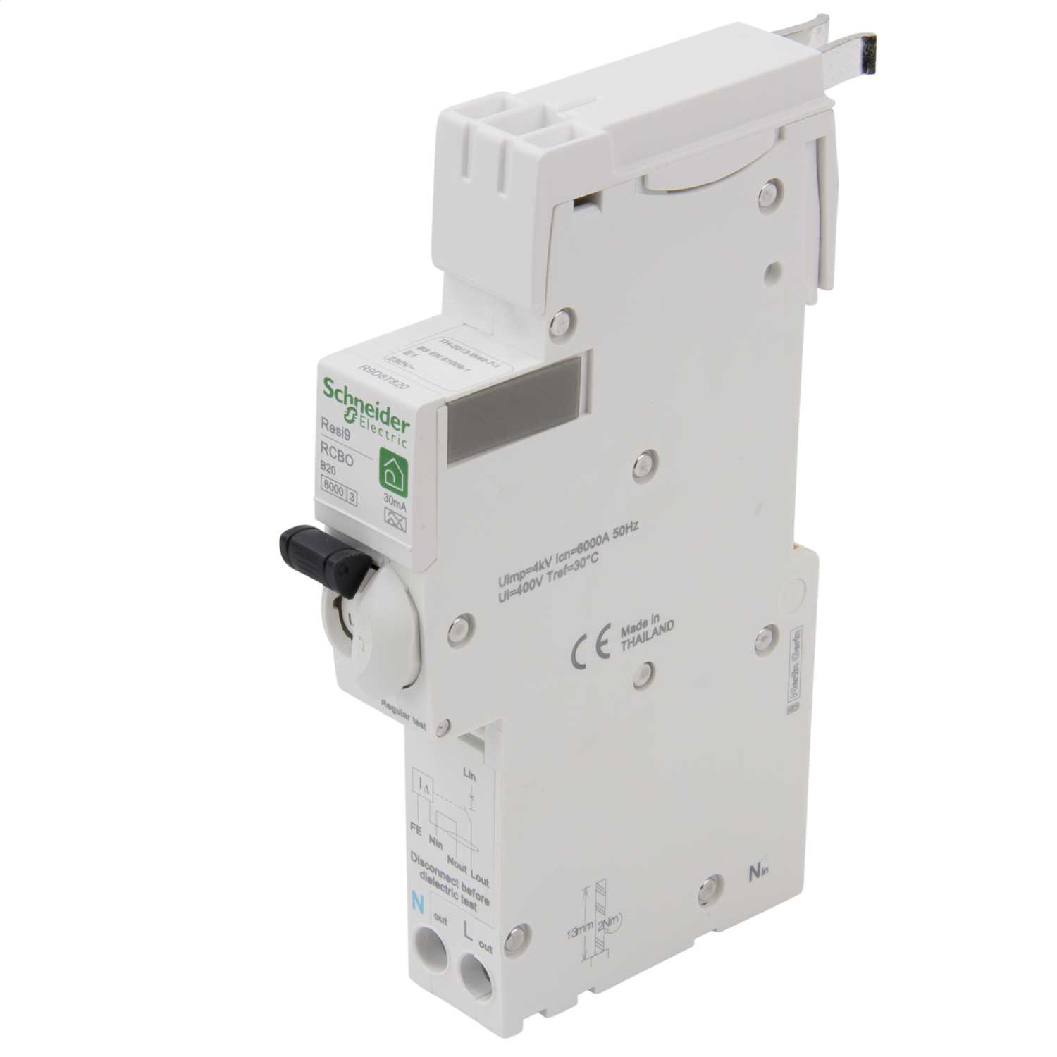 Schneider Resi9 20A Single Pole 1 Module B Curve 6kA 30mA Type A RCBO ...